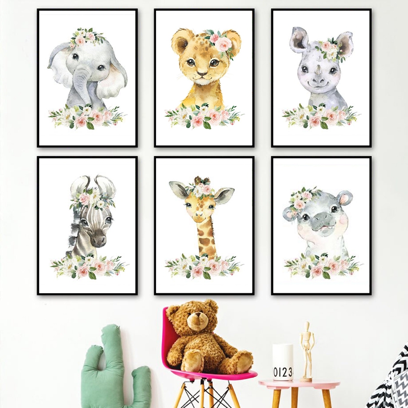 Baby Nursery Girl - Blumen-Dschungeltiere Leinwanddrucke Kinderzimmer-Dekoration Elefant Giraffe Gemälde