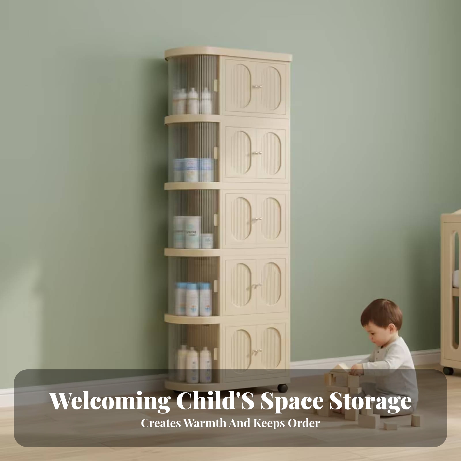Baby Nursery Shelf - 5-stöckiger Baby-Schrank in Warmem Beige, Rollbarer