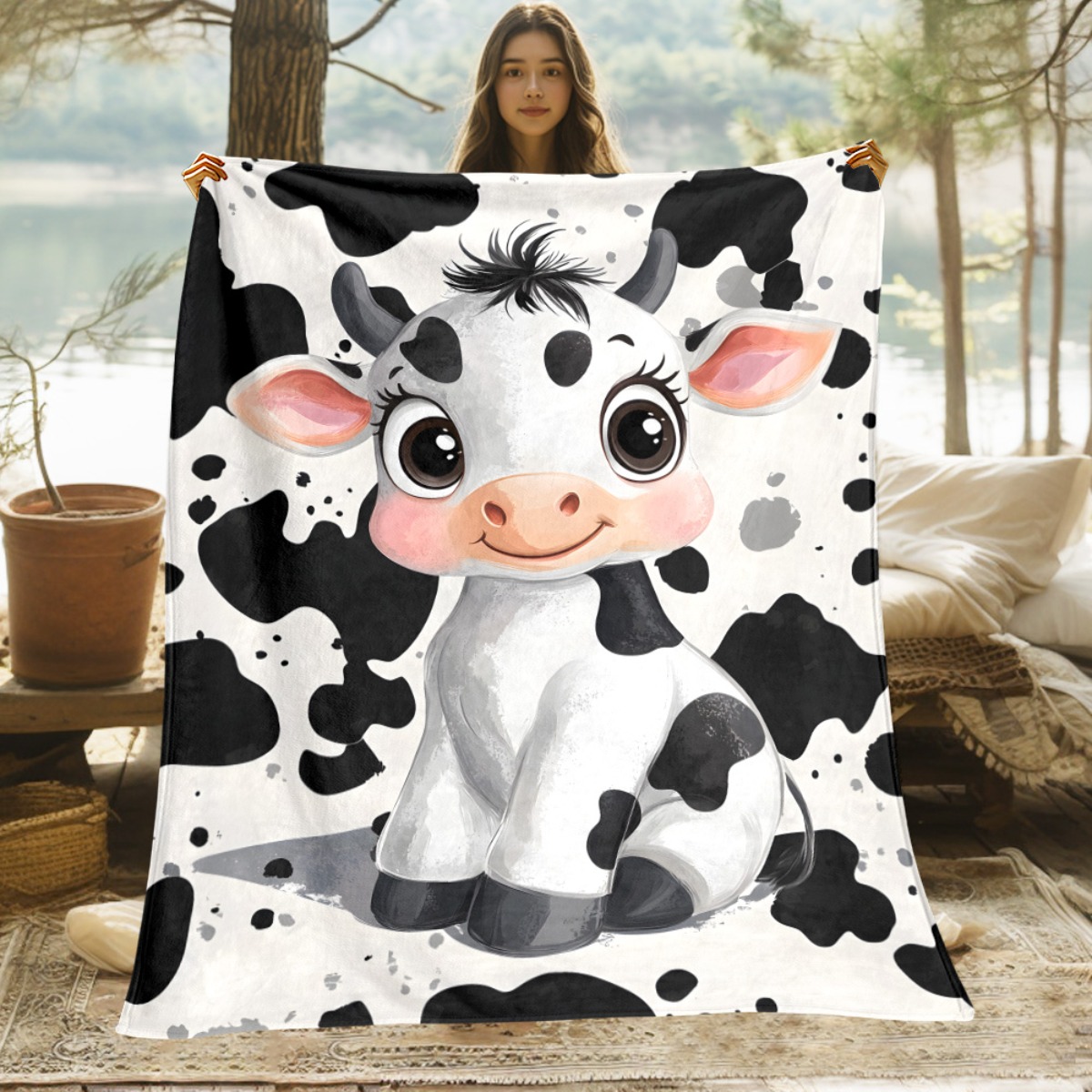 Baby Nursery Animal Theme - Niedliche Cartoon-Kuh, schwarz-weiße Flecken, lächelnde Baby-Waden-Fleece-Decke,