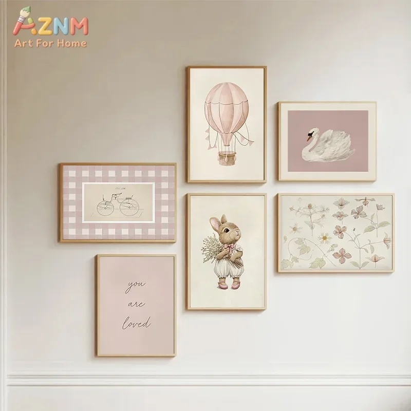 Baby Nursery Vintage Decor - AZNM Boho Bunny Heißluftballon-Schwan-Wandkunst-Leinwanddruck, Vintage-Kinderzimmer-Dekor, rahmenloses