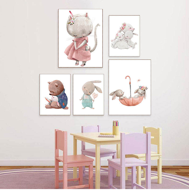 Baby Nursery Art - 1 Stück rahmenloser dekorativer Kunstdruck, Bär-Kaninchen-Kunstdruck