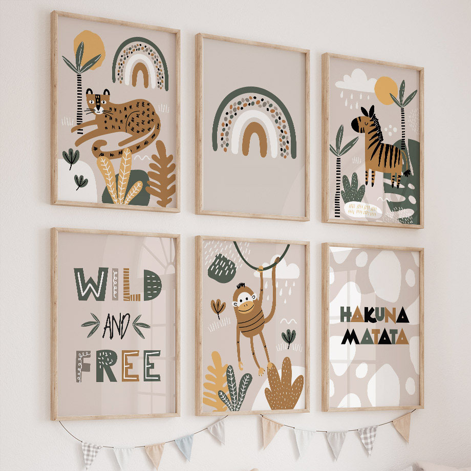 Baby Nursery Jungle Animals - Leopard Zebra Affe Dschungeltiere Kinderzimmer Wandkunst