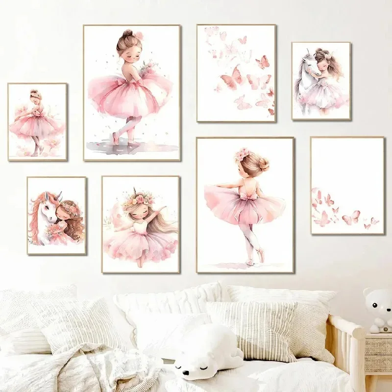 Baby Nursery Girl - Rosa Ballerina Mädchen Einhorn Schmetterling Poster
