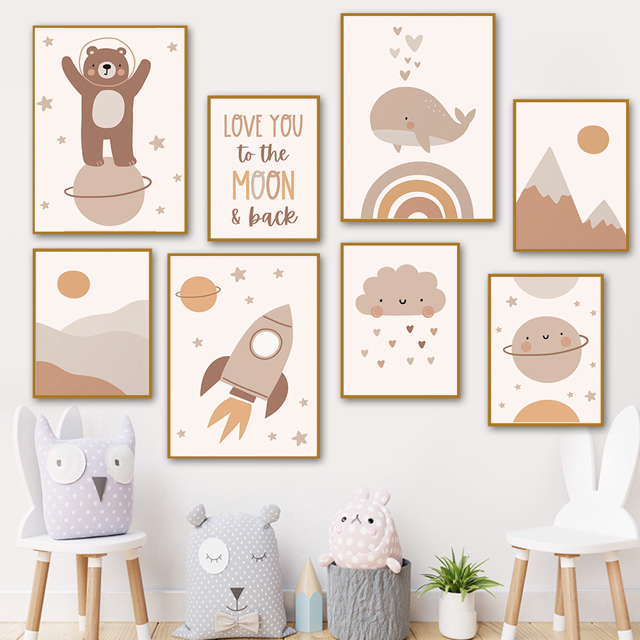 Baby Nursery Art - Boho Bär Wal Rakete Planet Sonne