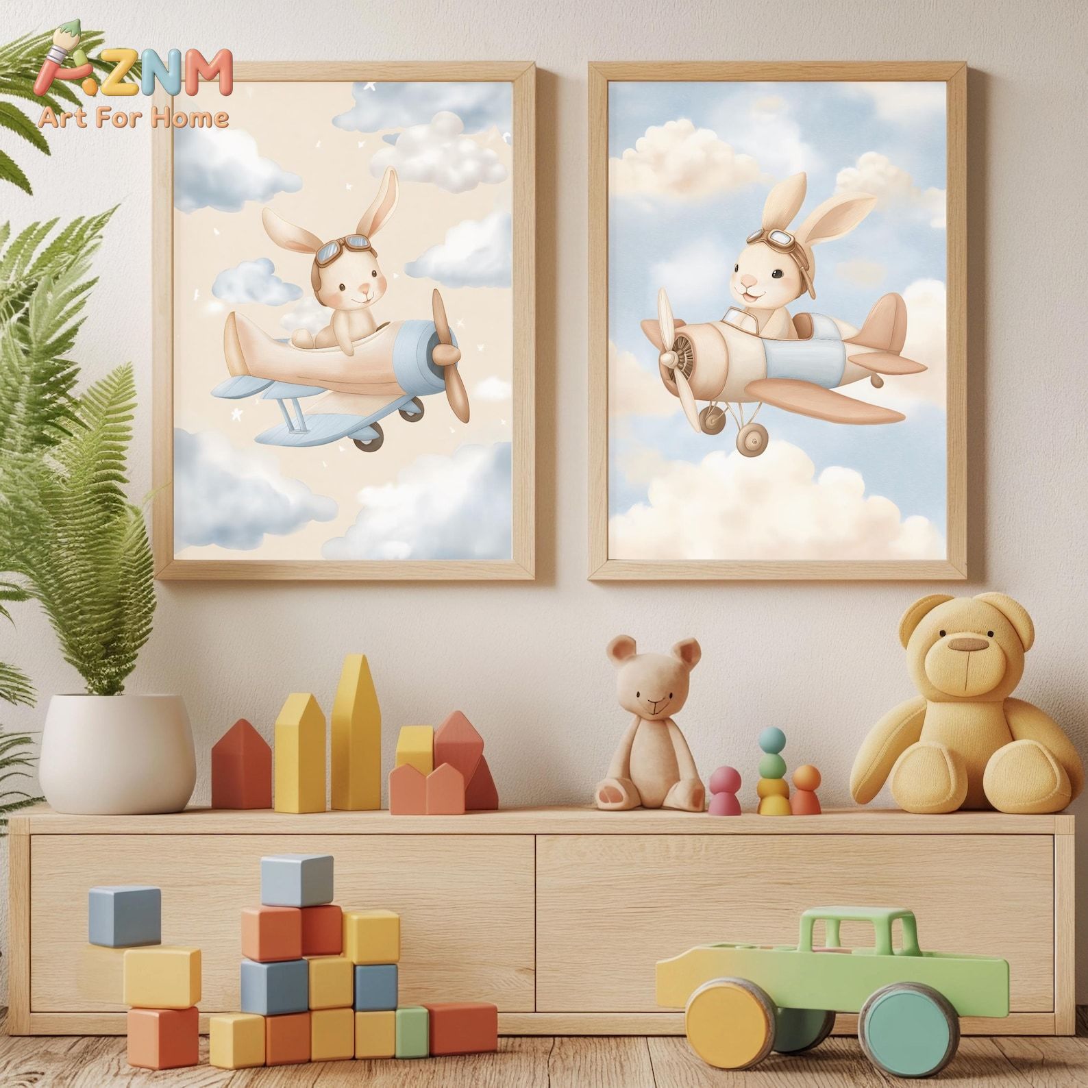 Baby Nursery Animal Theme - Hasen-Flugzeug-Wandkunst-Set mit 2 Stück, niedliche Kinderzimmer-Drucke,