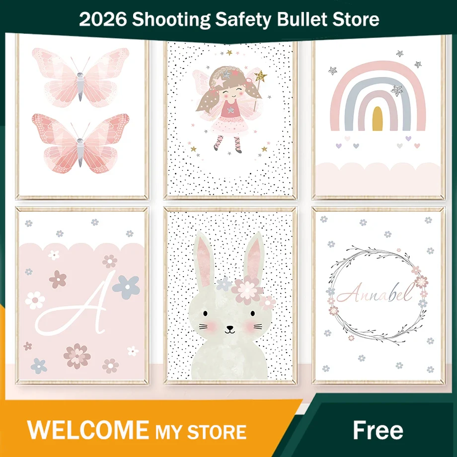 Baby Nursery Girl - Niedliche Mädchen-Wandkunst mit Kaninchen, Blumen, Schmetterlingen