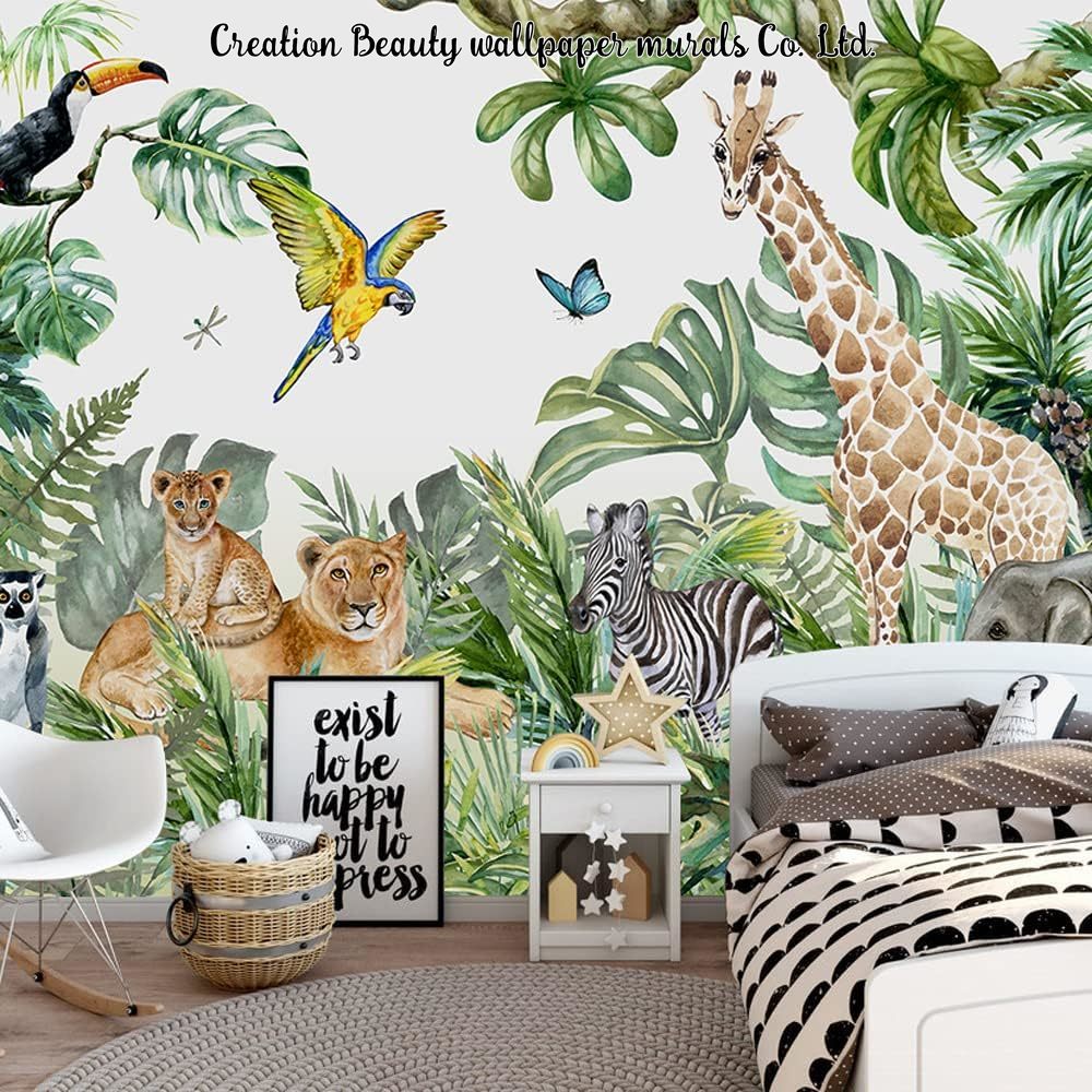 Baby Nursery Water - Aquarell-Tiere Dschungel-Tapete für Kinderzimmer Babyzimmer Wandbild