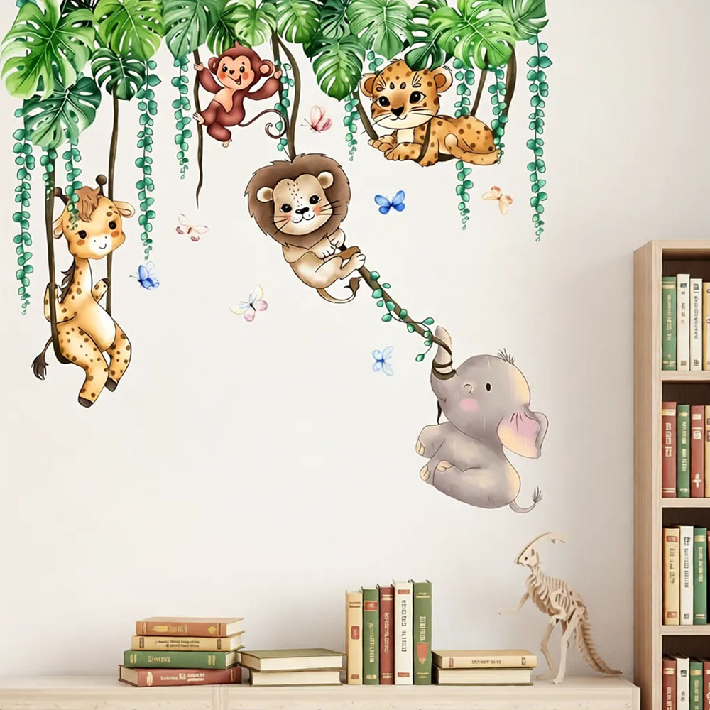 Baby Nursery Wallpaper - Wasserfarben-Wandtattoo mit Dschungeltieren, Safari-Freunde (Löwe, Affe,