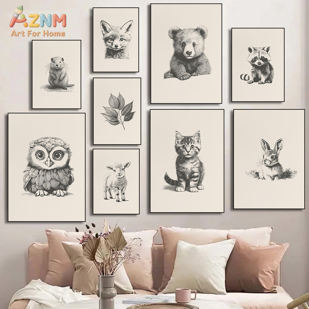 Baby Nursery Vintage Decor - AZNM Vintage-Skizzen-Leinwandbild mit Babytieren, Fuchs, Bär,