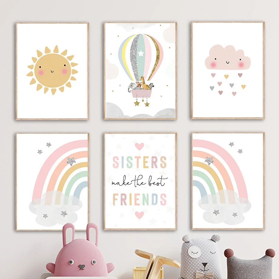 Baby Nursery Girl - Giraffe Elefant Heißluftballon Sonne Regenbogen Kinderzimmer
