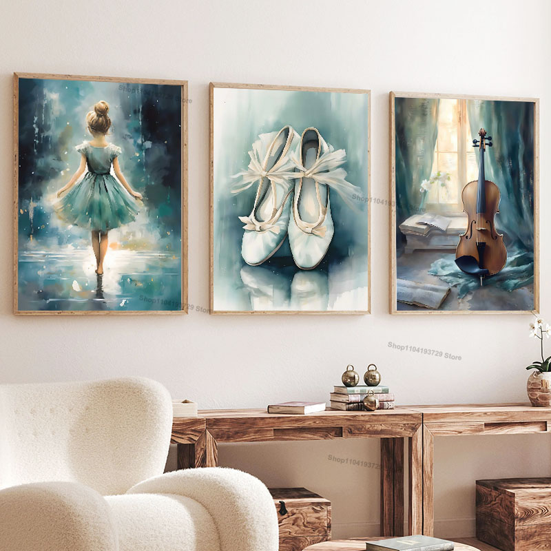 Baby Nursery Girl - Aquarell Ballett-Mädchen Schuhe Cello Kinderzimmer Wandkunst
