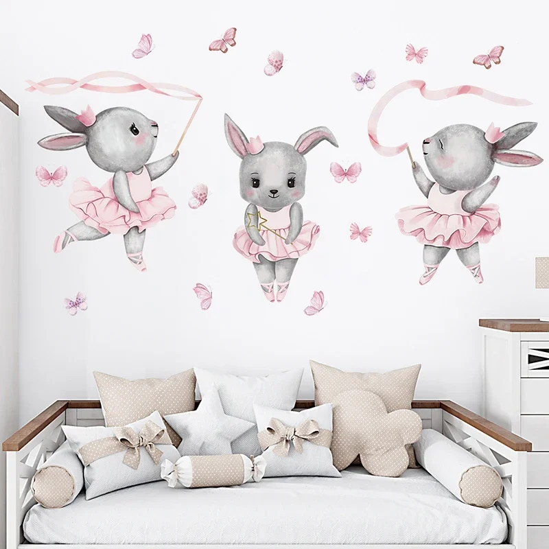 Baby Nursery Water - Handbemalte Ballett-Häschen-Kaninchen-Tänzerin, niedliche Tiere, Wandaufkleber für