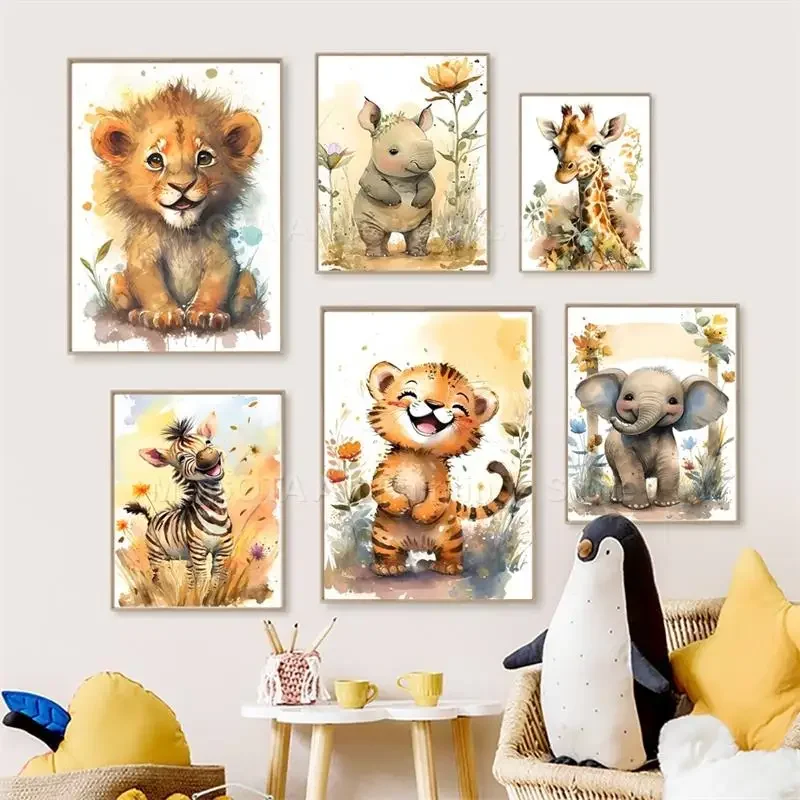 Baby Nursery Kids - Aquarell Löwe Giraffe Tiger Elefant Zebra