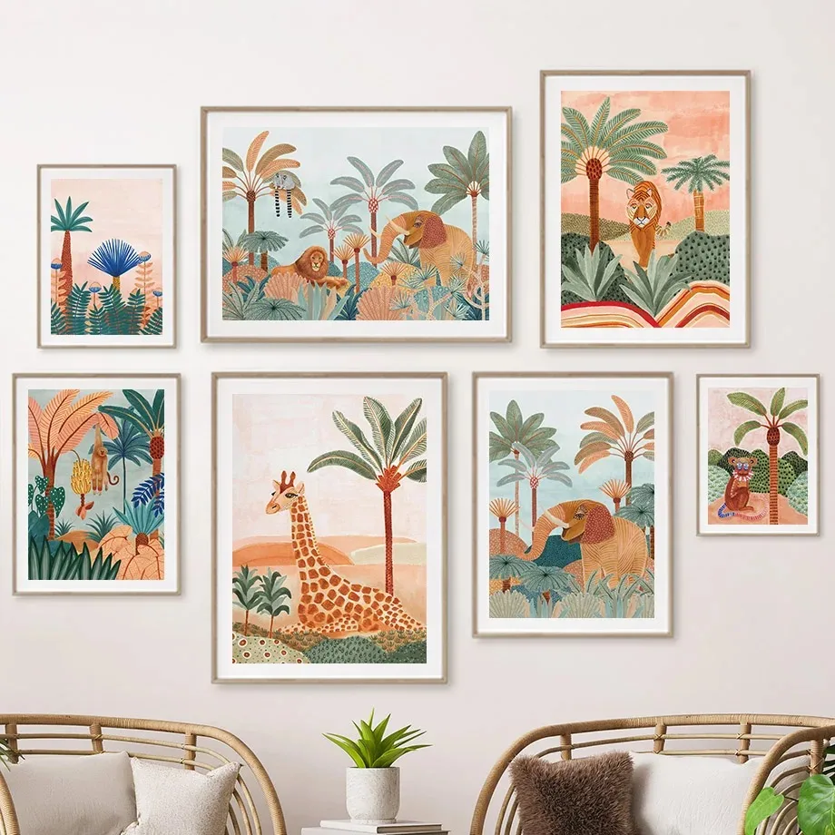 Baby Nursery Jungle Animals - Boho Dschungeltiere Tiger Affe Giraffe Kokospalme