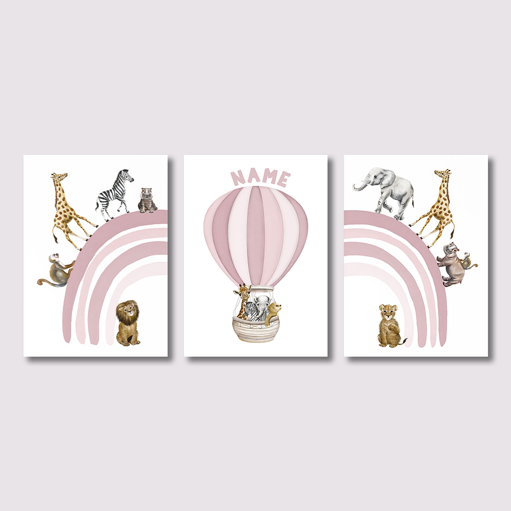 Baby Nursery Girl - 3-teiliger Leinwanddruck mit Safari-Tieren, rosa Regenbogen-Heißluftballon-Kunst