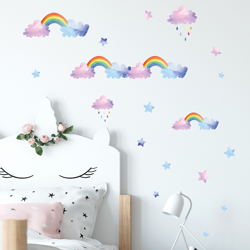 Baby Nursery Layout - Cartoon-Wolken-Regenbogen-Wandaufkleber für Baby- und Kinderzimmer, Schlafzimmer,