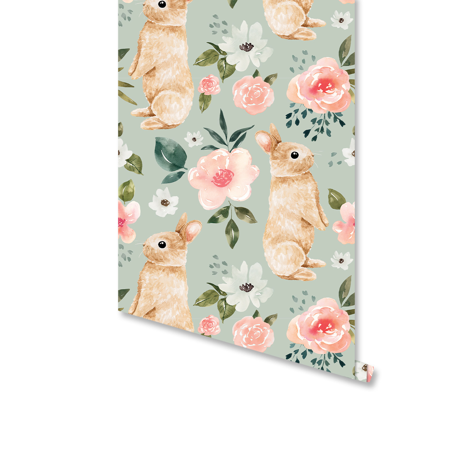 Baby Nursery Water - Salbeigrüne Hasen-Blumentapete, Kaninchen, rosa Blumen, selbstklebendes,