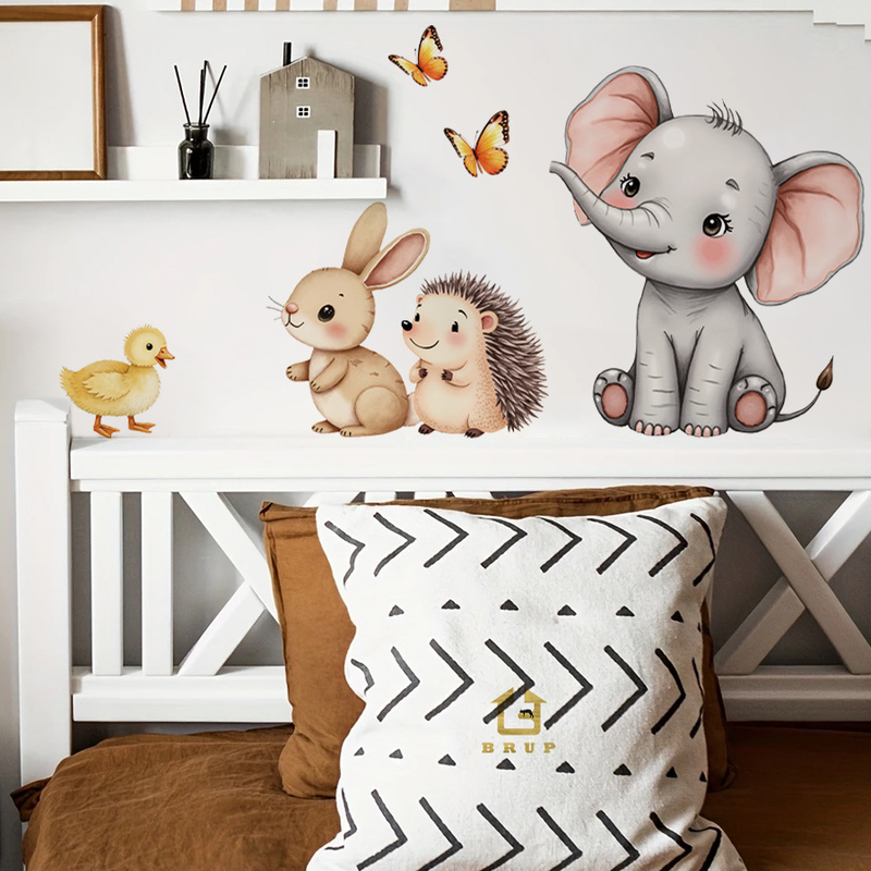 Baby Nursery Wallpaper - Cartoon-Tier-Wandaufkleber – Elefant, Hase, Igel, Kinderzimmer-Aufkleber,