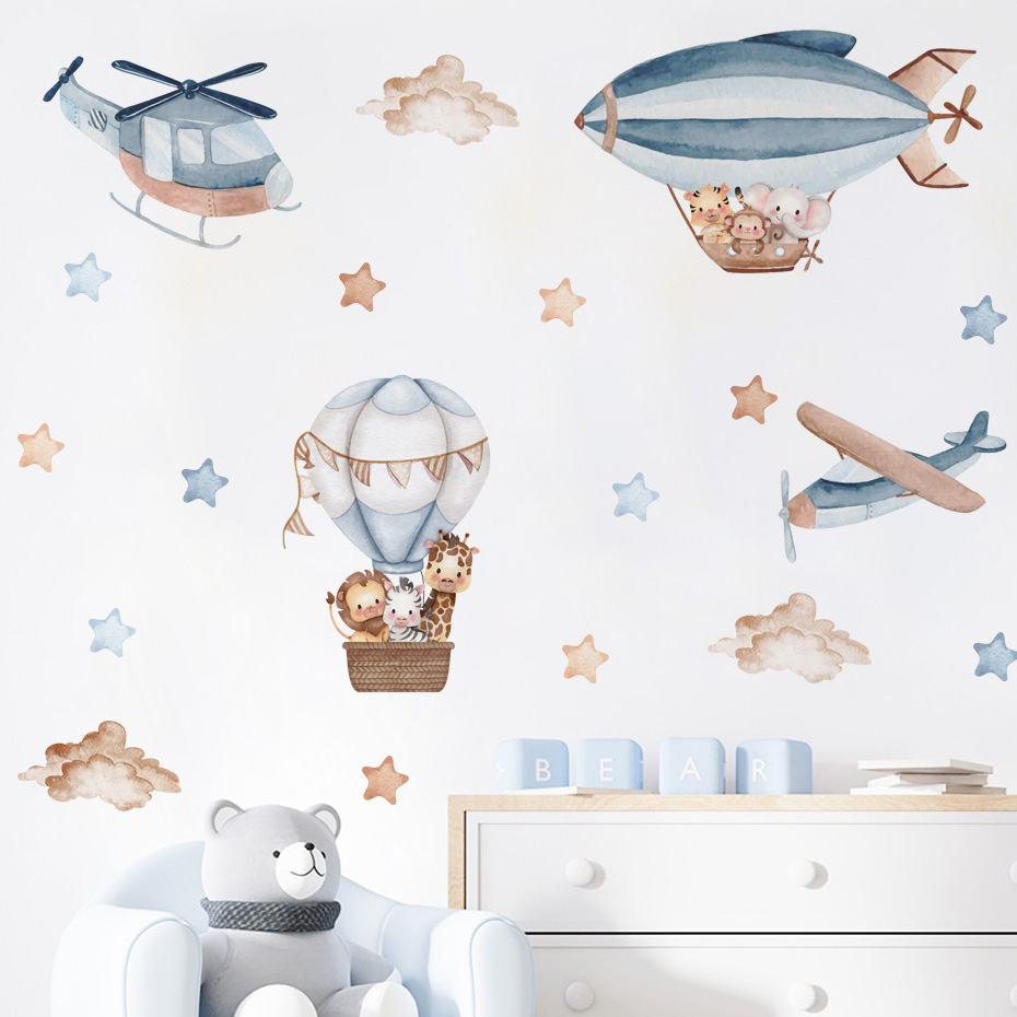 Baby Nursery Wallpaper - Aquarell Tiere Heißluftballon Wolken Wandaufkleber für