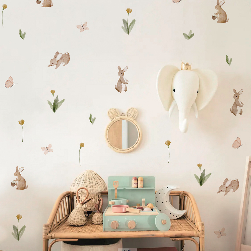 Baby Nursery Wallpaper - Sommerlicher Aquarell-Wandaufkleber mit niedlichen Hasen und