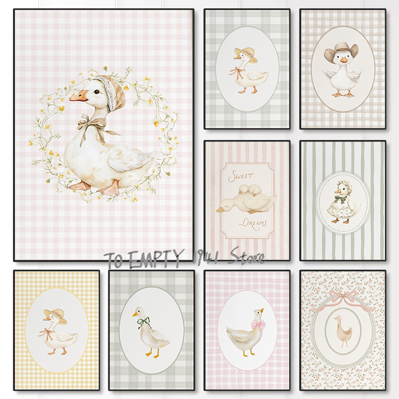 Baby Nursery Art - Niedliche Gänse und Enten: Gingham-Farmtier-Poster auf