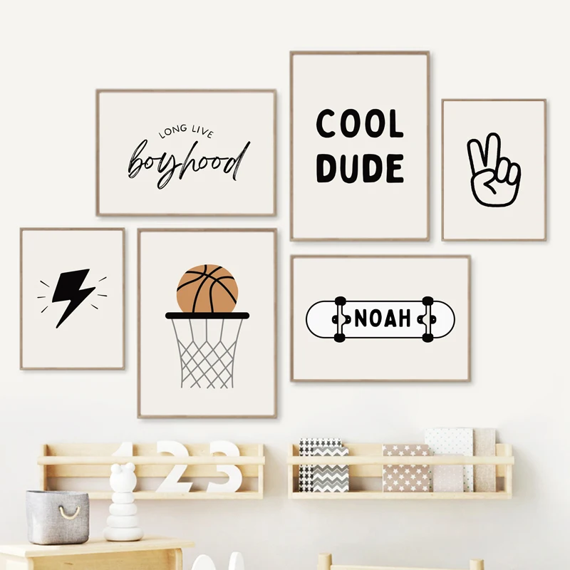 Baby Nursery Art - Einfaches Jungen-Basketball-Skateboard-Sport-Kinderposter, druckbare Wandkunst auf Leinwand,