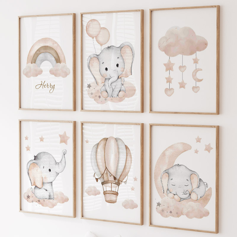 Baby Nursery Kids - Niedlicher Elefant, heißer Ballon, Mond, Regenbogen,