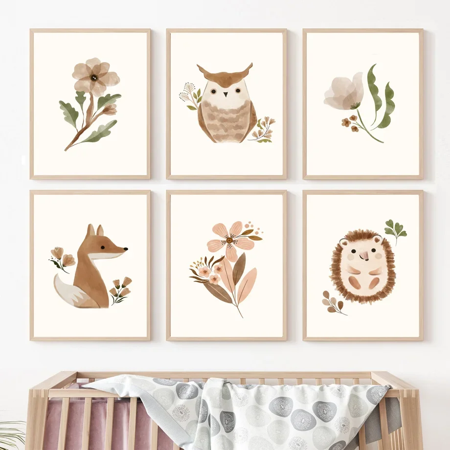 Baby Nursery Animal Theme - Waldtier-Wandkunst für Kinderzimmer Eichhörnchen Eule Fuchs