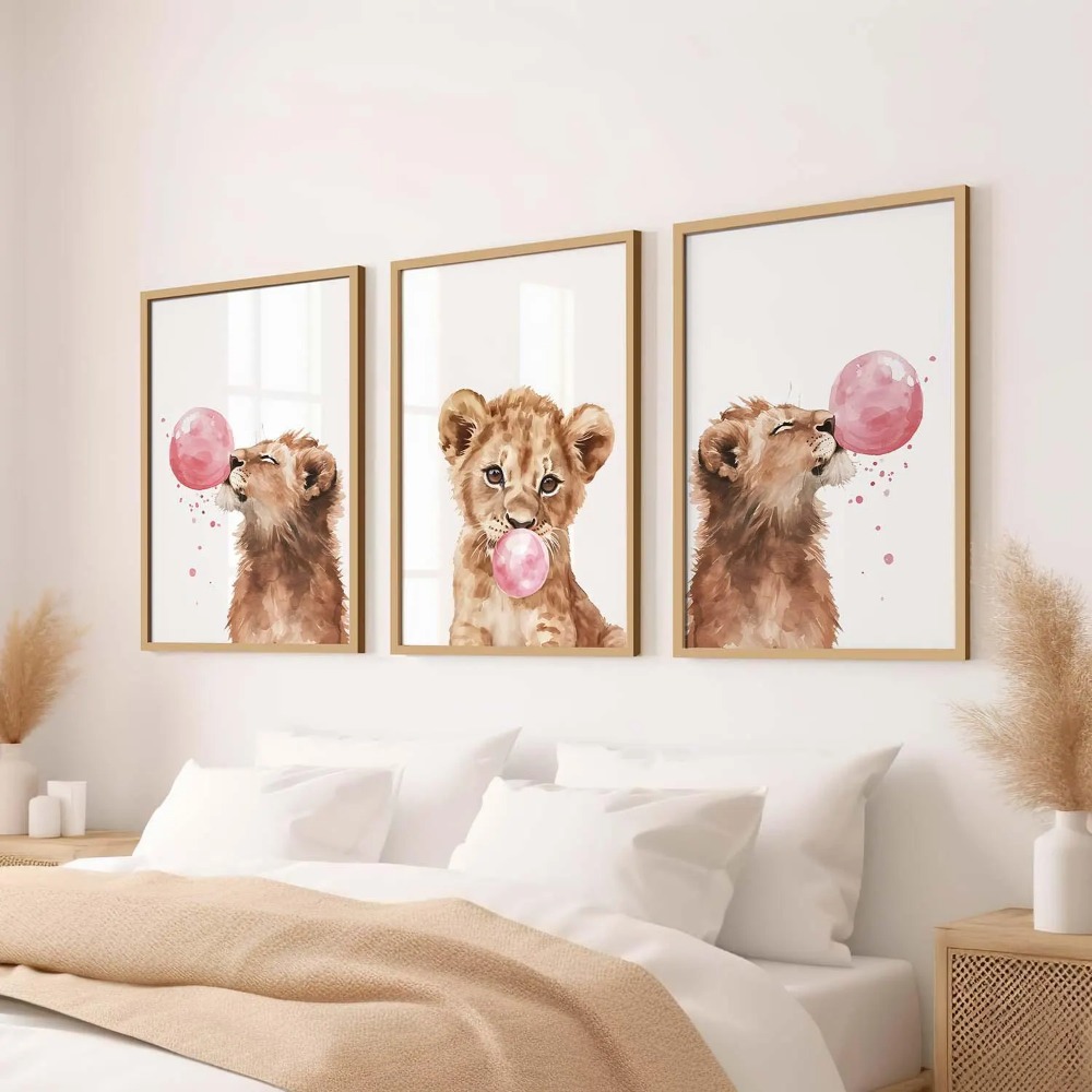 Baby Nursery Animal Theme - Löwenbaby Kinderzimmer Wandkunst-Set Babytier-Drucke Bubble Gum