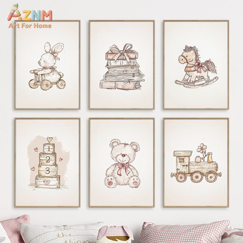 Baby Nursery Vintage - AZNM Vintage Baby-Spielzeug Leinwand-Wandkunst Teddybär- und