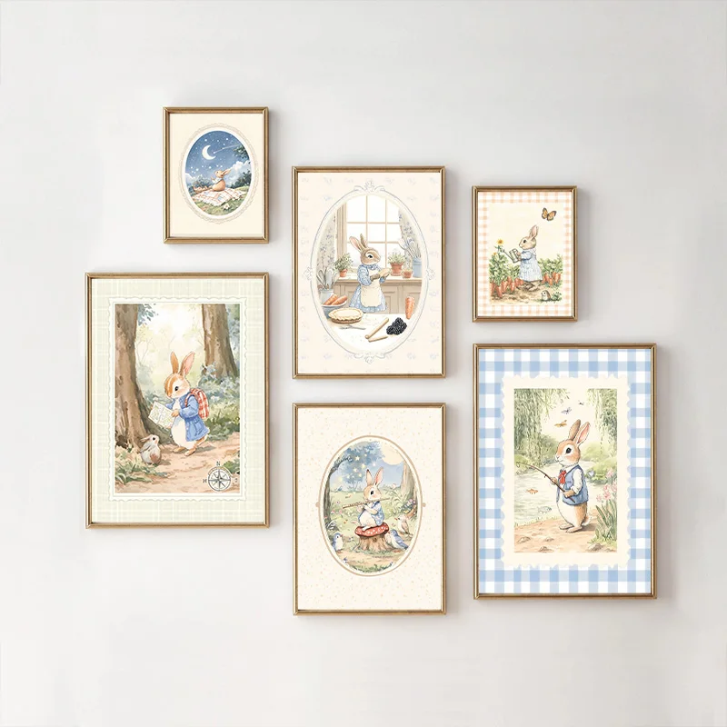 Baby Nursery Vintage Decor - Vintage Boho Blau Kariertes Kaninchen-Inspiriertes Kunstposter