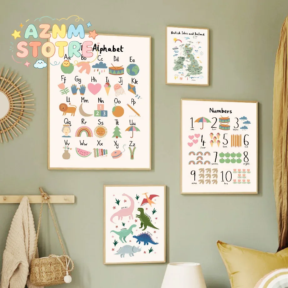 Baby Nursery Kids - Tierweltkarte Dinosaurier Alphabet Zahlen Leinwand Wandkunst
