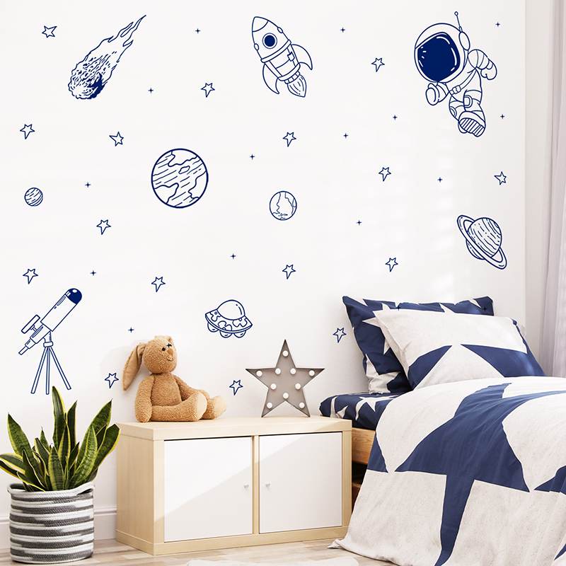 Baby Nursery Wallpaper - Wandaufkleber mit Cartoon-Universum, Astronaut, Planet, Rakete,