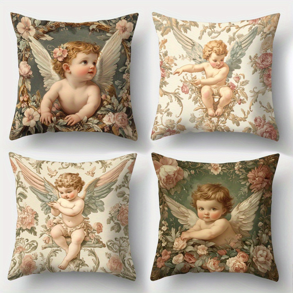 Baby Nursery Vintage - Bedruckte Engel-Blumen Kissenbezüge Set aus 4