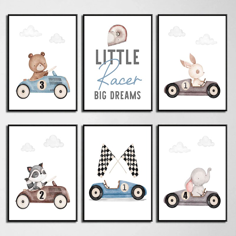 Baby Nursery Vintage - Vintage Rennwagen Tiere Hase Bär Elefant