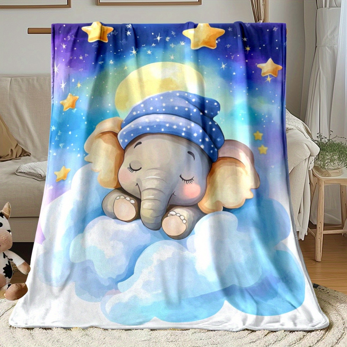 Baby Nursery Animal Theme - Schlafender Baby-Elefant, Wolke, Stern, Nachthimmel, Fleece-Decke,