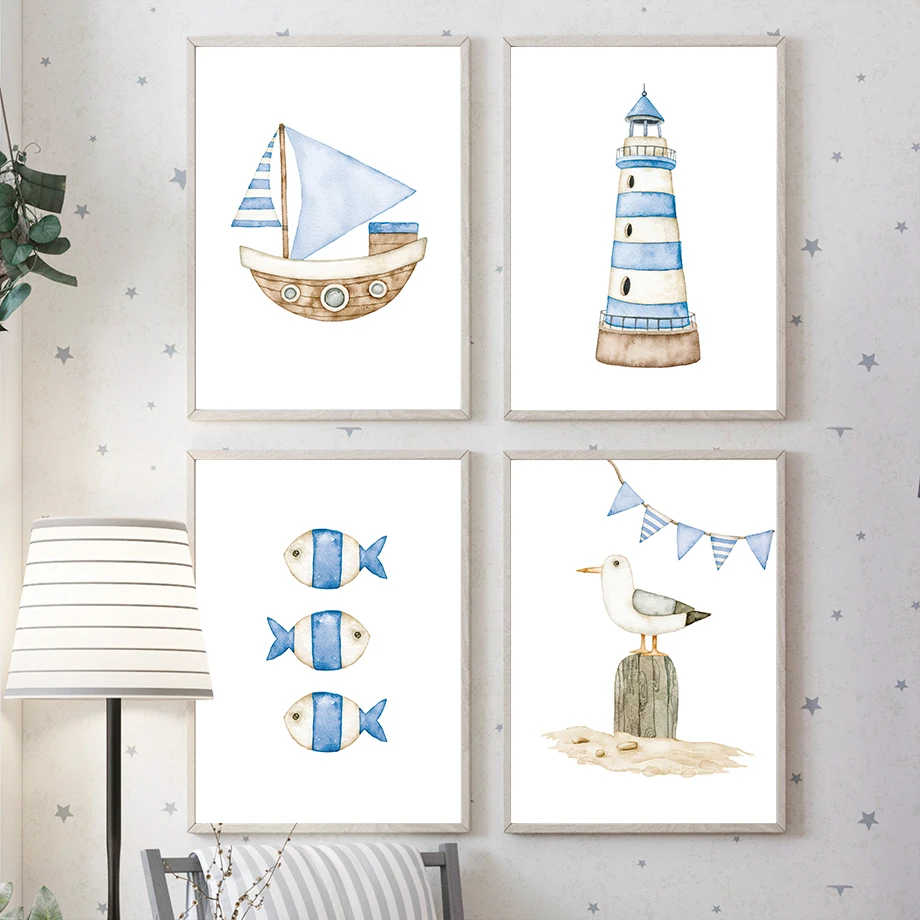 Segelboot, Leuchtturm, Fisch,  – Baby Nursery Art Bewertung und Preis