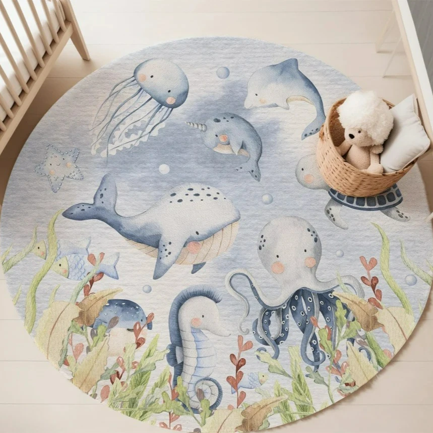 Blauer runder Teppich mit Meer – Baby Nursery Letters Bewertung und Preis